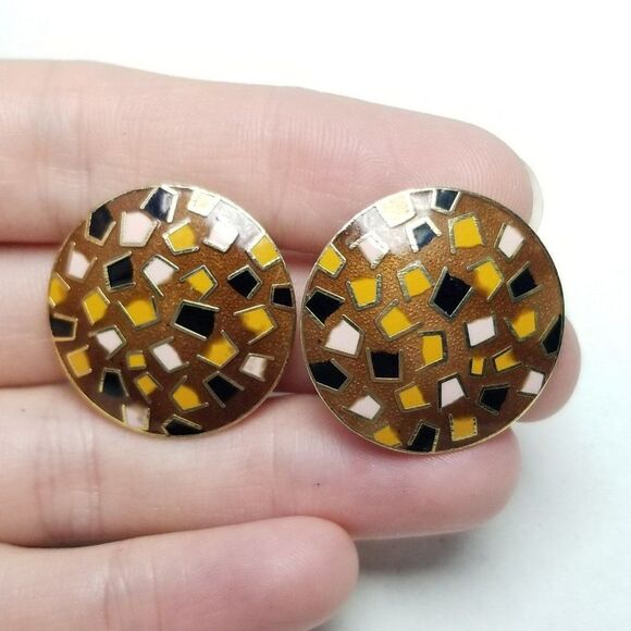 Vintage Brown Black Yellow Enamel Round Clip On Earrings, Retro 80s Style - Picture 5 of 6